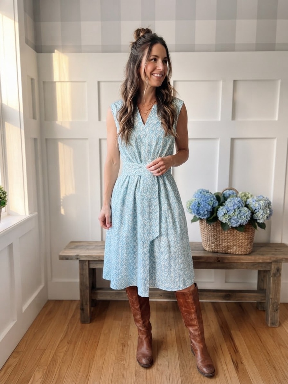 Boden Light Blue Printed V-Neck Midi Dress with Tie Waist 16